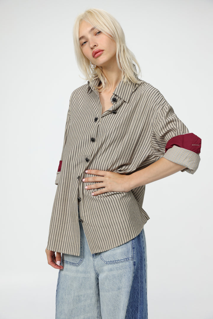 Beige Striped Buttoned Shirt