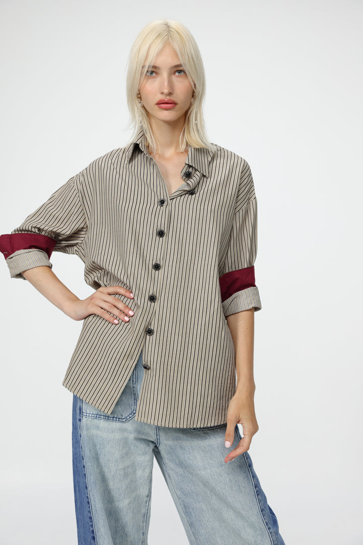 Beige Striped Buttoned Shirt