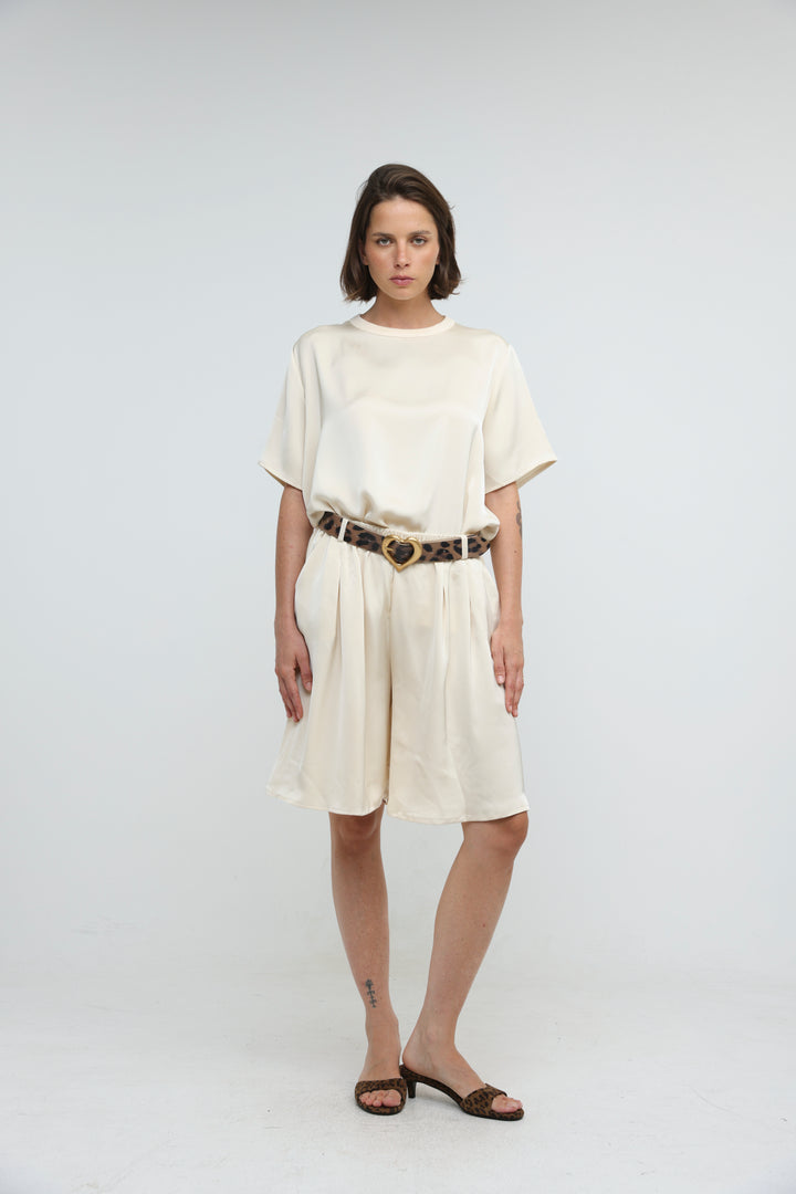 Satin Cream Wide Bermuda Shorts