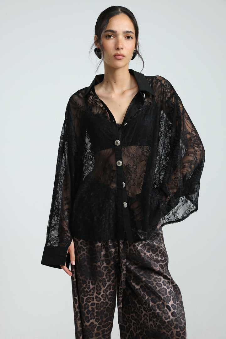 Oversized Black Lace Buttoned Shirt