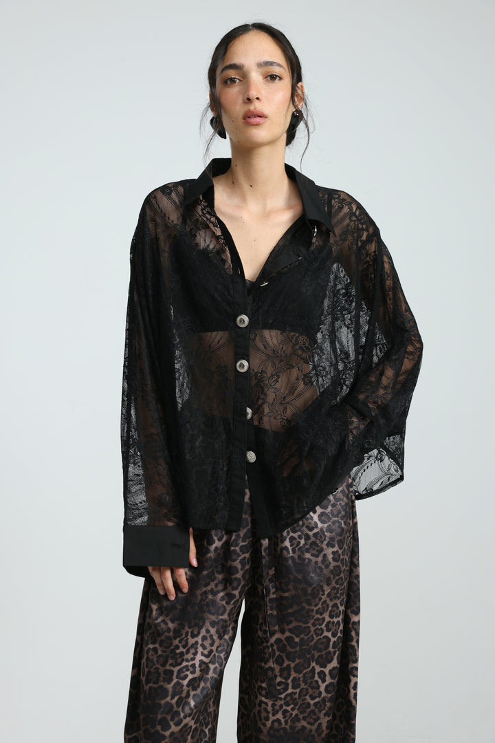 Oversized Black Lace Buttoned Shirt