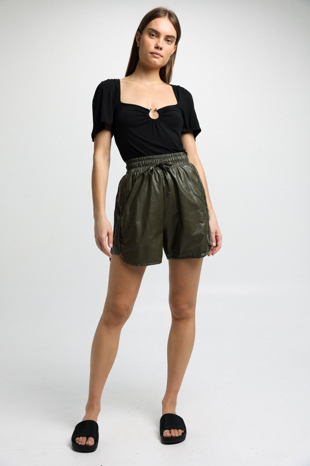 Buni Faux Leather Olive Green shorts