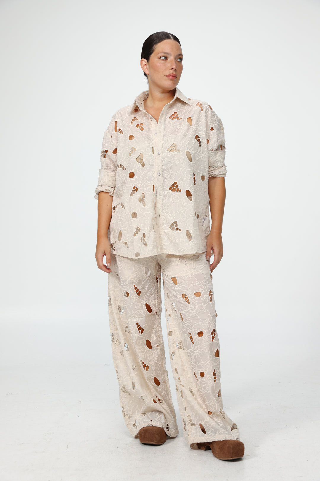 Floral Cutwork Cream Buttoned Shirt