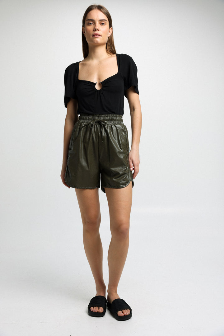 Buni Faux Leather Olive Green shorts