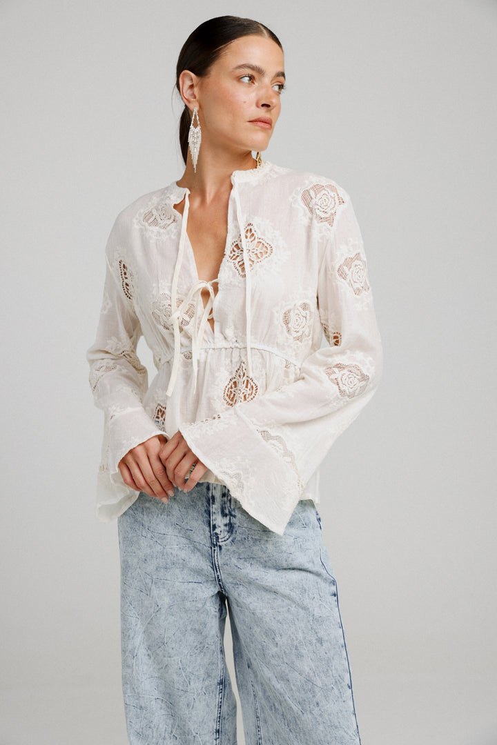 Flowered Lace Cream Shirt