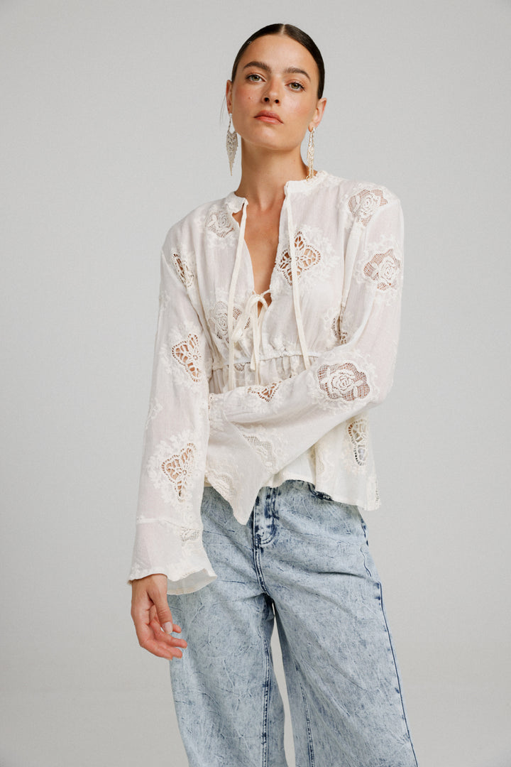 Flowered Lace Cream Shirt