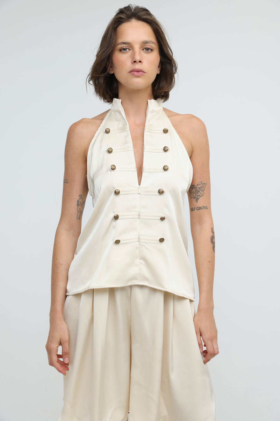 Satin Cream Buttoned Halter Top