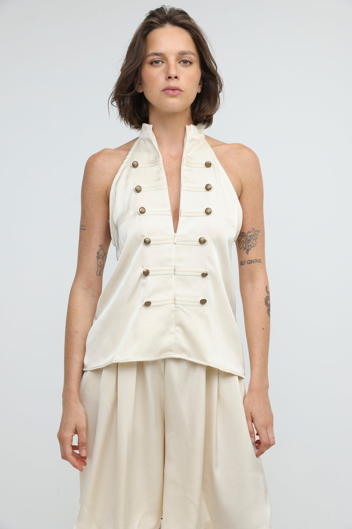 Satin Cream Buttoned Halter Top