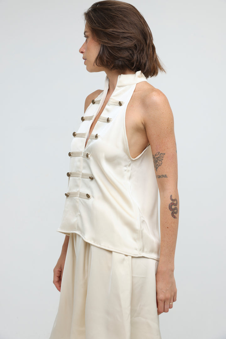 Satin Cream Buttoned Halter Top