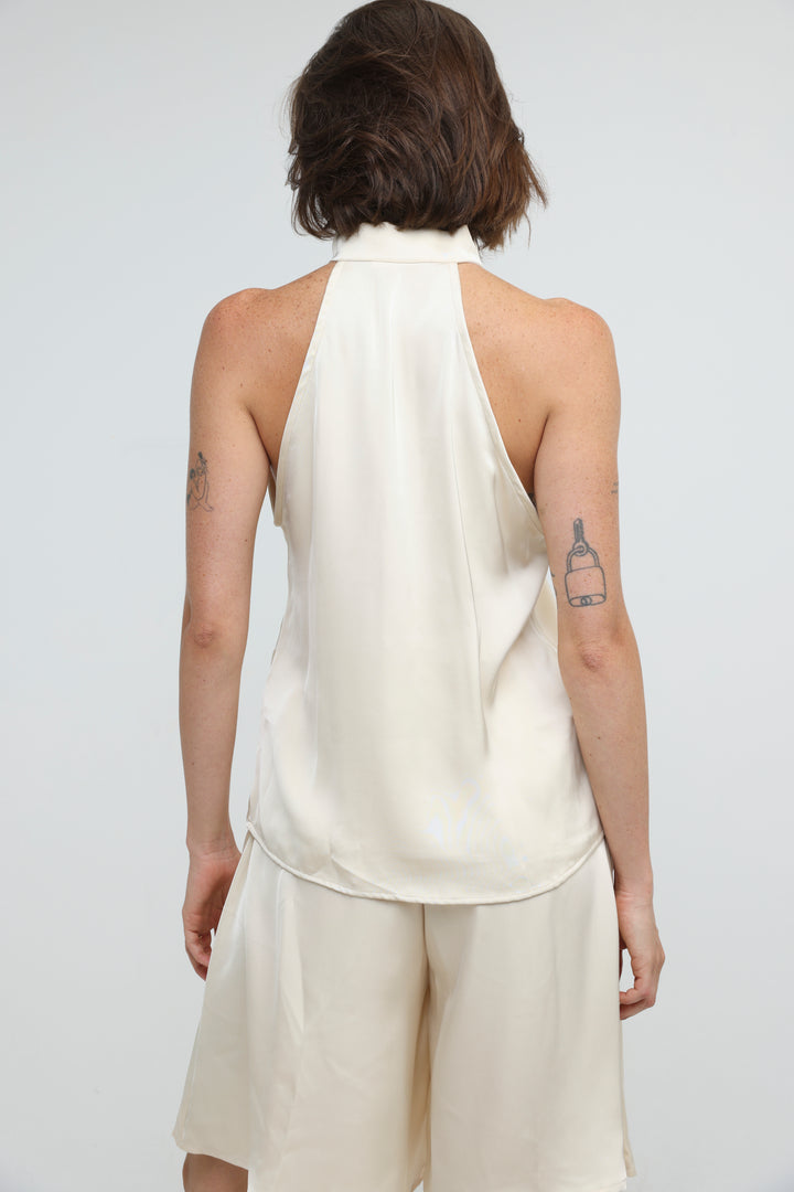 Satin Cream Buttoned Halter Top