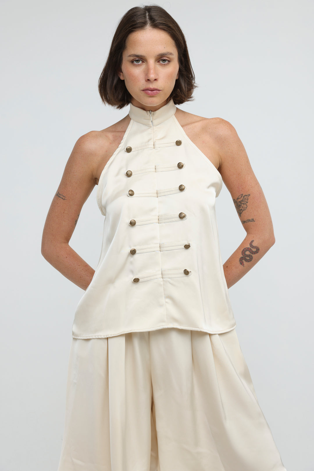 Satin Cream Buttoned Halter Top