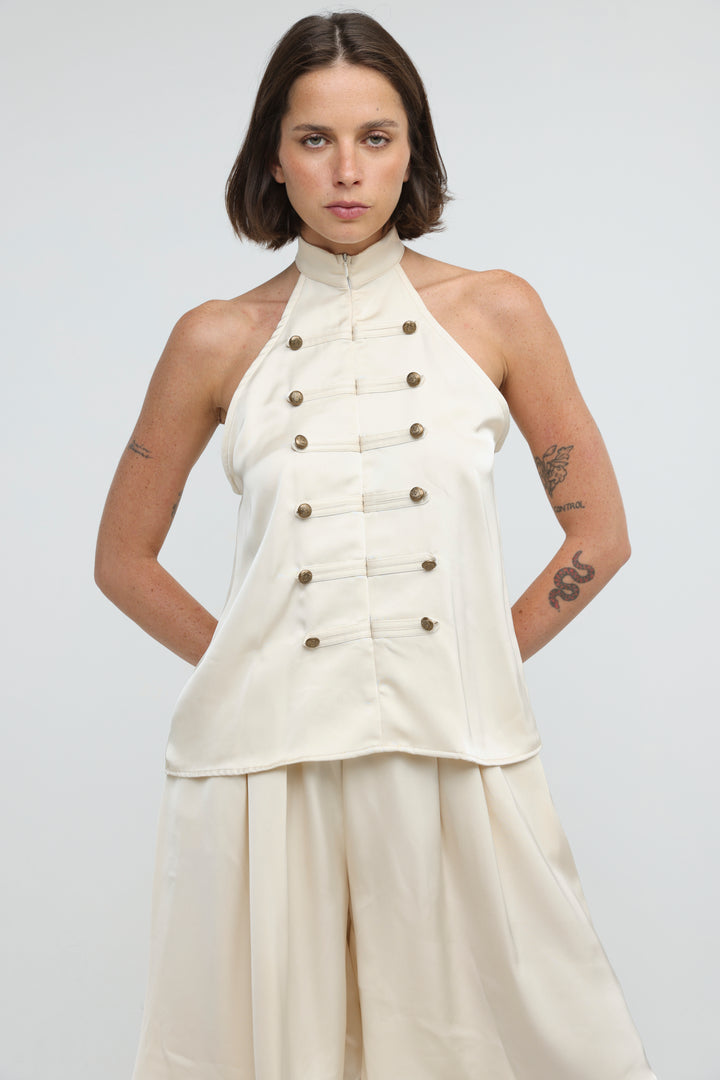 Satin Cream Buttoned Halter Top