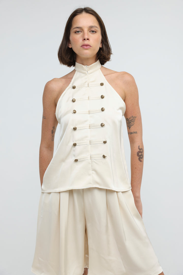 Satin Cream Buttoned Halter Top