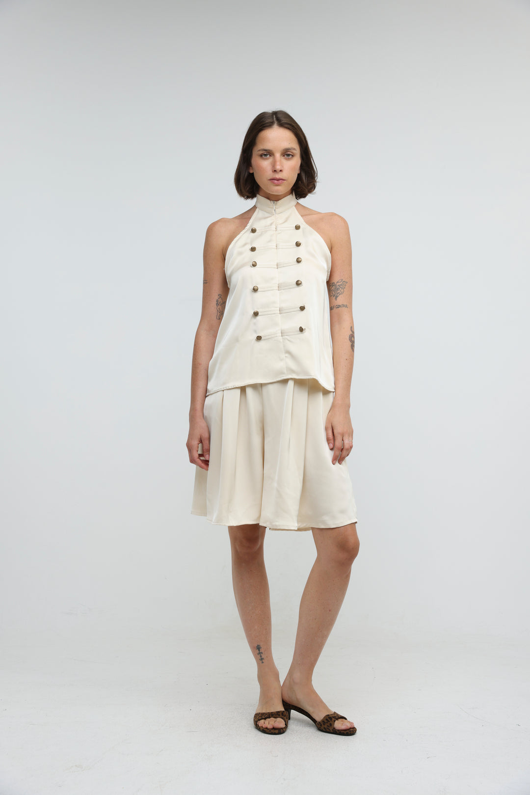 Satin Cream Buttoned Halter Top
