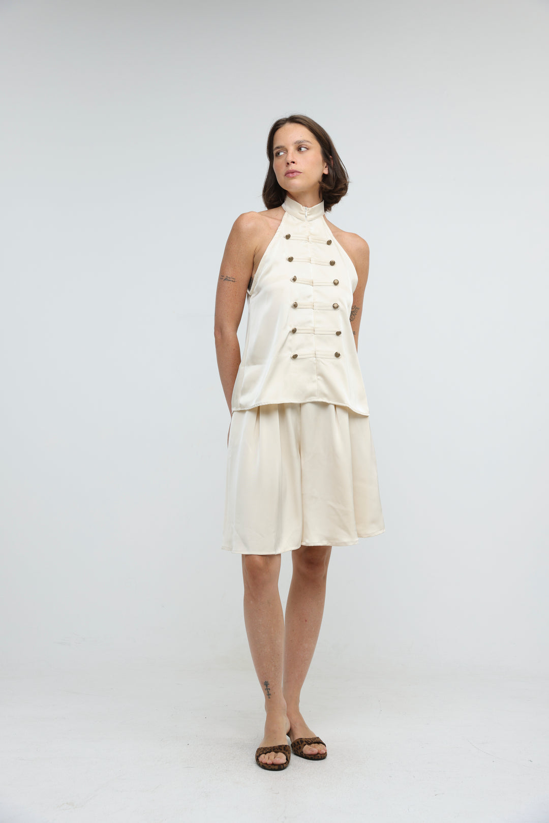 Satin Cream Buttoned Halter Top