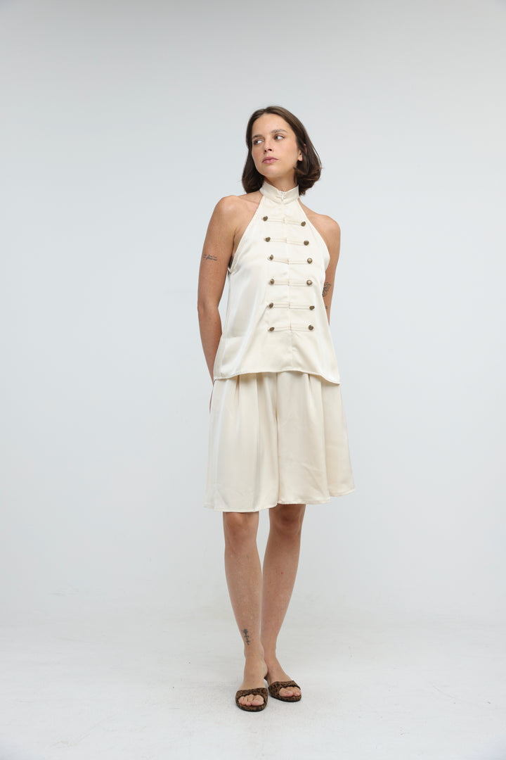 Satin Cream Buttoned Halter Top