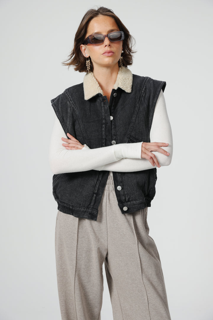 Fur Black Denim Vest