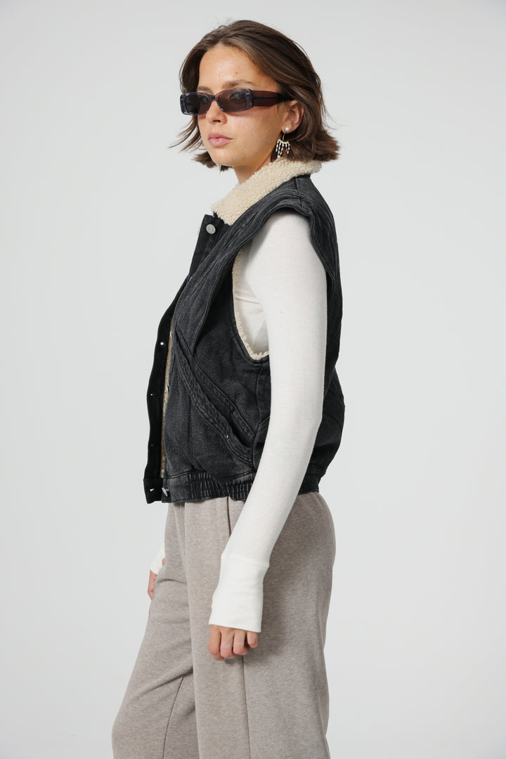 Fur Black Denim Vest