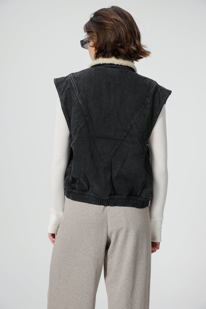 Fur Black Denim Vest