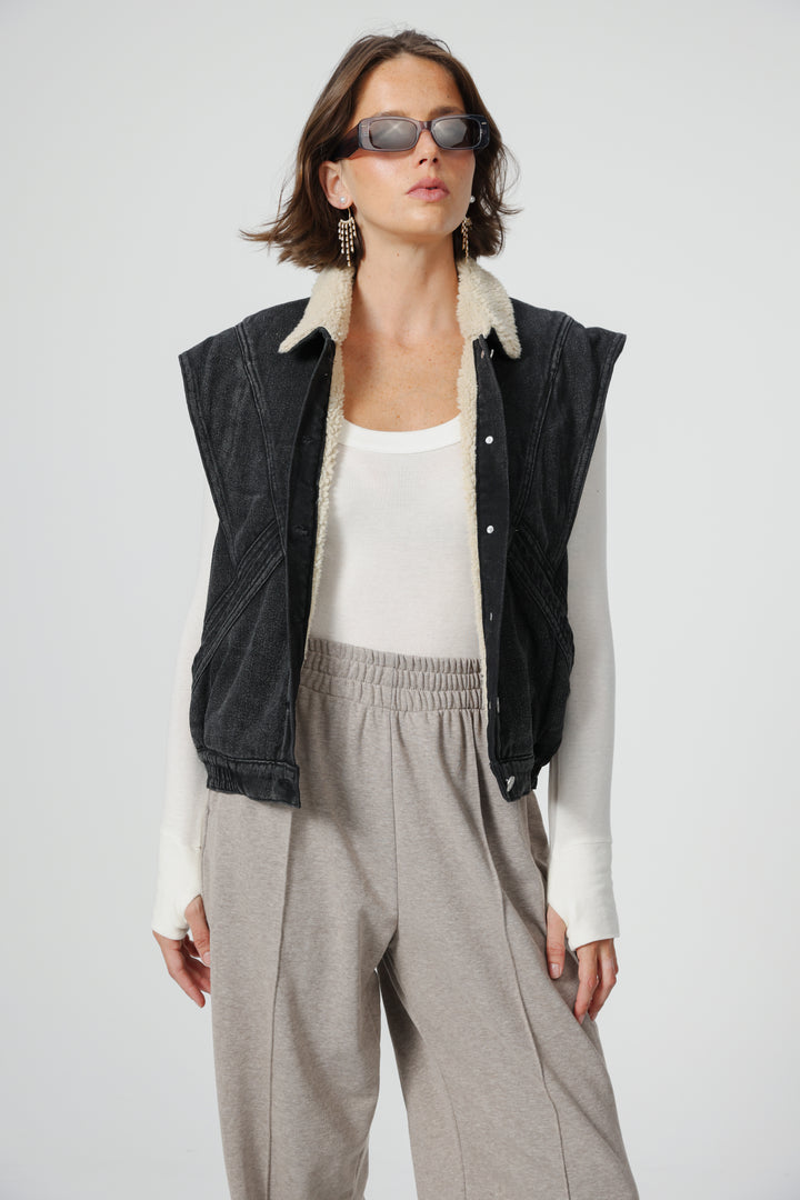Fur Black Denim Vest