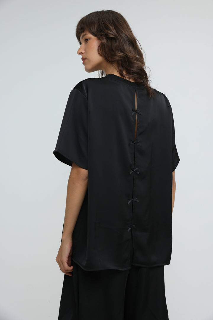 Satin Black Bow Back T-Shirt