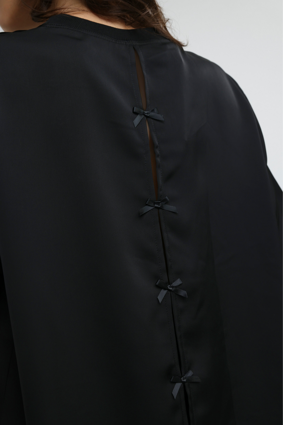 Draped Satin Black Bow Back Shirt