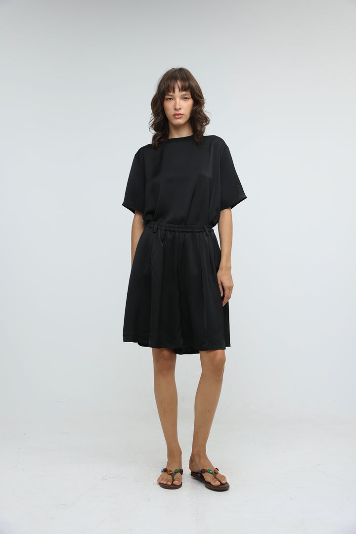 Satin Black Wide Bermuda Shorts