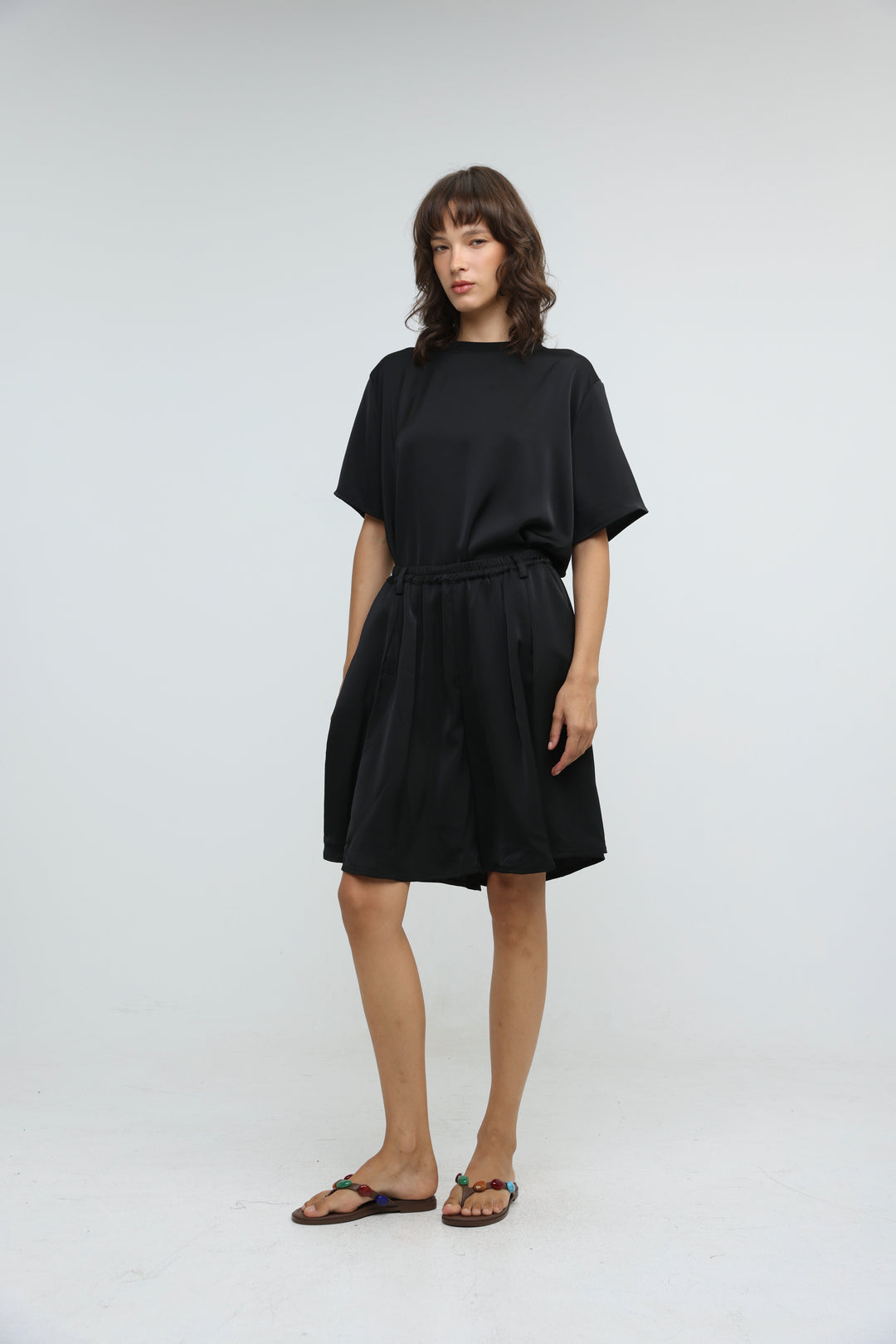 Satin Black Wide Bermuda Shorts
