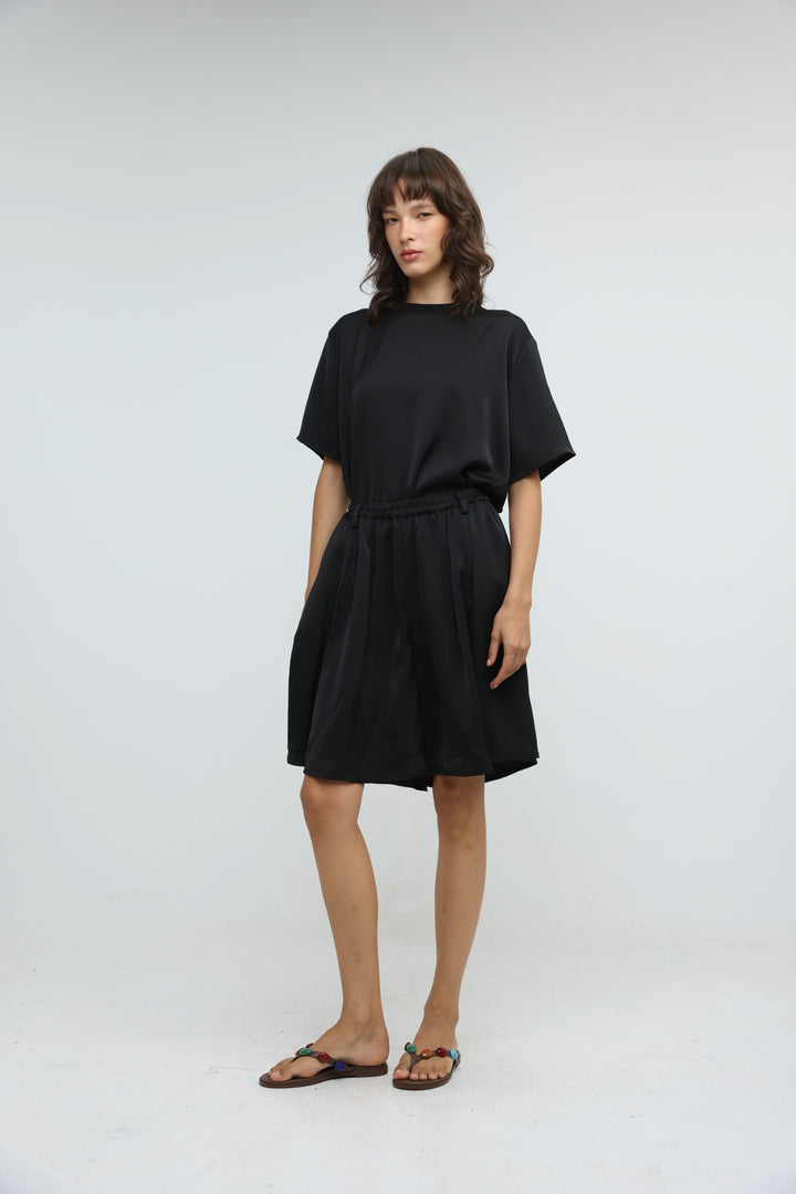 Satin Black Wide Bermuda Shorts