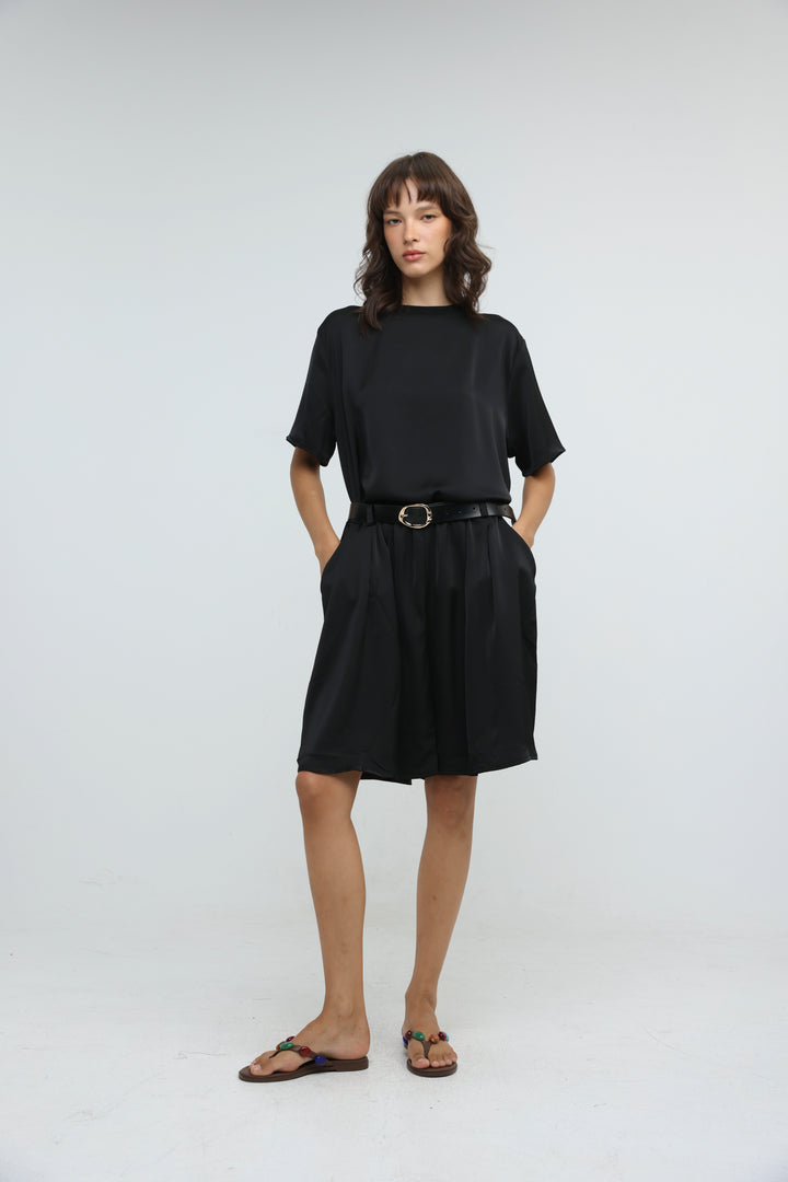 Satin Black Wide Bermuda Shorts
