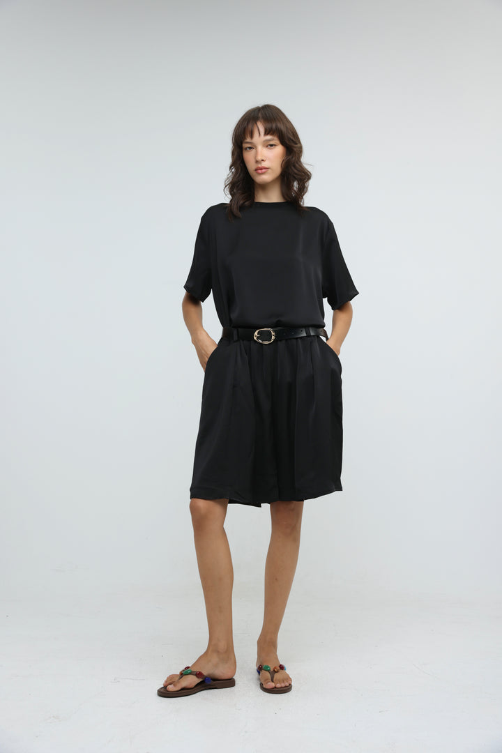 Satin Black Wide Bermuda Shorts