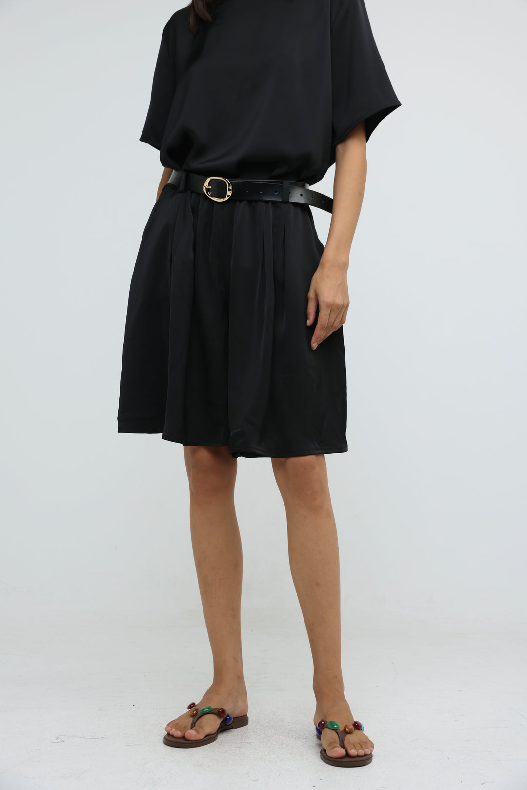 Satin Black Wide Bermuda Shorts