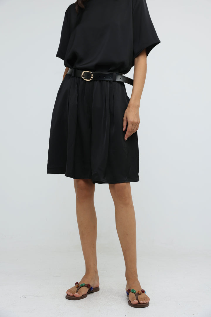 Satin Black Wide Bermuda Shorts