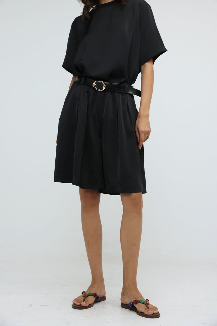 Satin Black Wide Bermuda Shorts