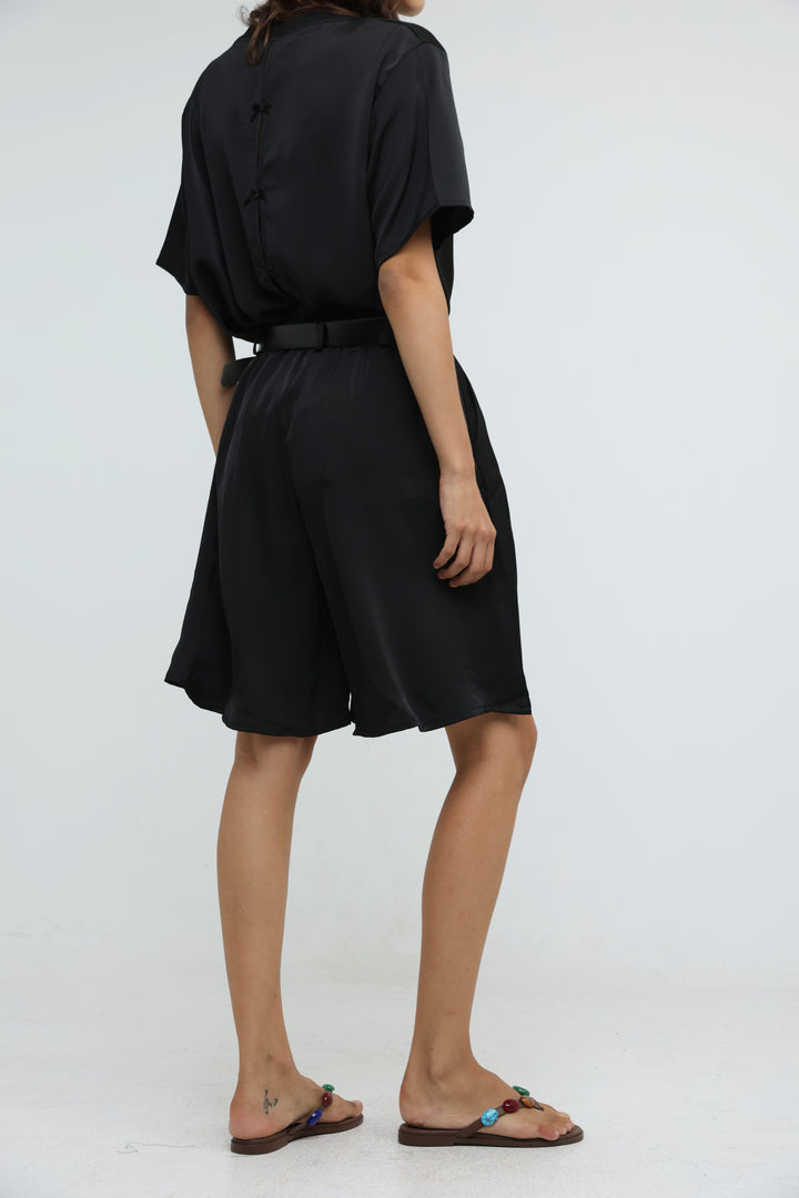 Satin Black Wide Bermuda Shorts
