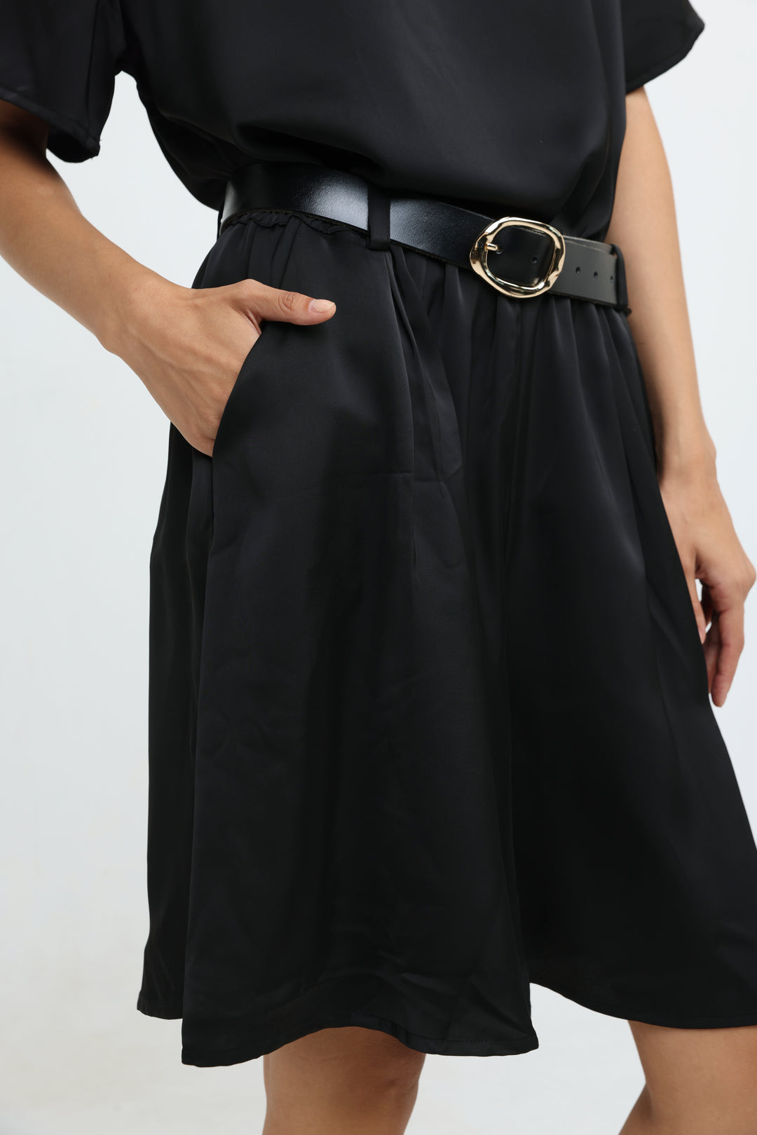 Satin Black Wide Bermuda Shorts
