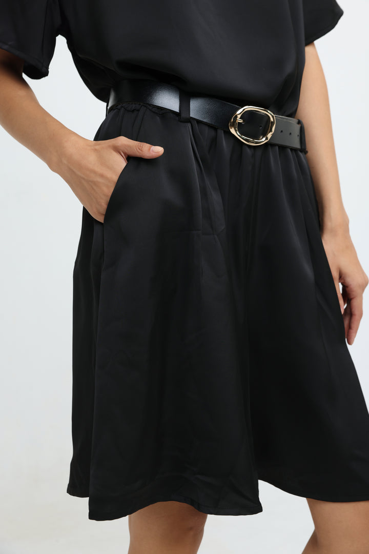 Satin Black Wide Bermuda Shorts