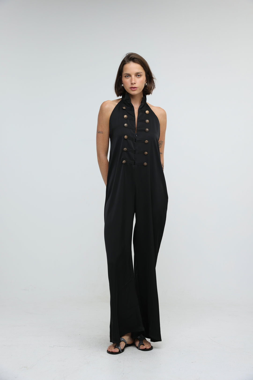 Satin Black Buttoned Halter Jumpsuit