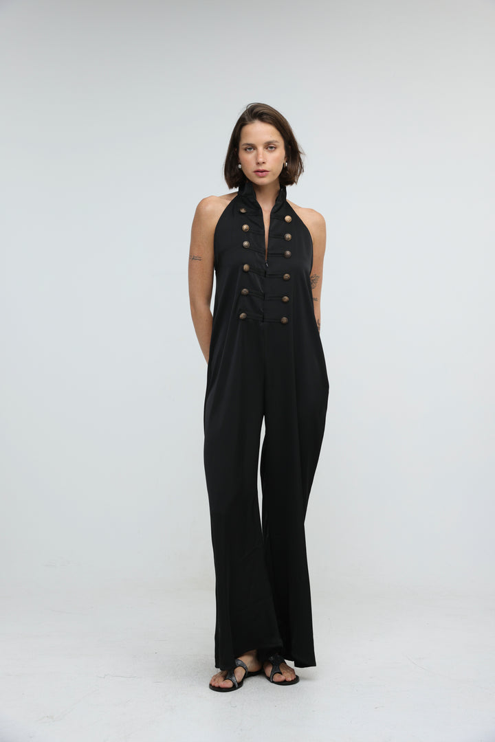 Satin Black Buttoned Halter Jumpsuit