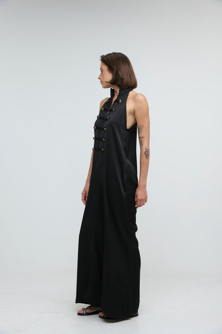 Satin Black Buttoned Halter Jumpsuit
