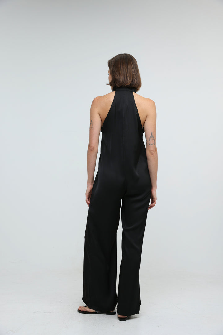 Satin Black Buttoned Halter Jumpsuit