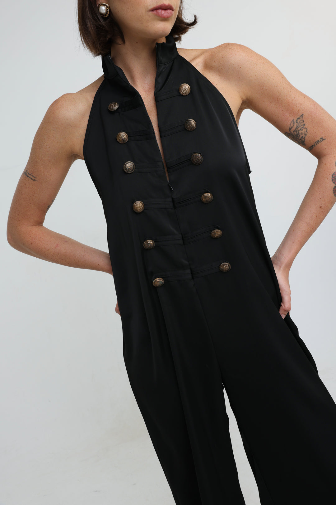 Satin Black Buttoned Halter Jumpsuit