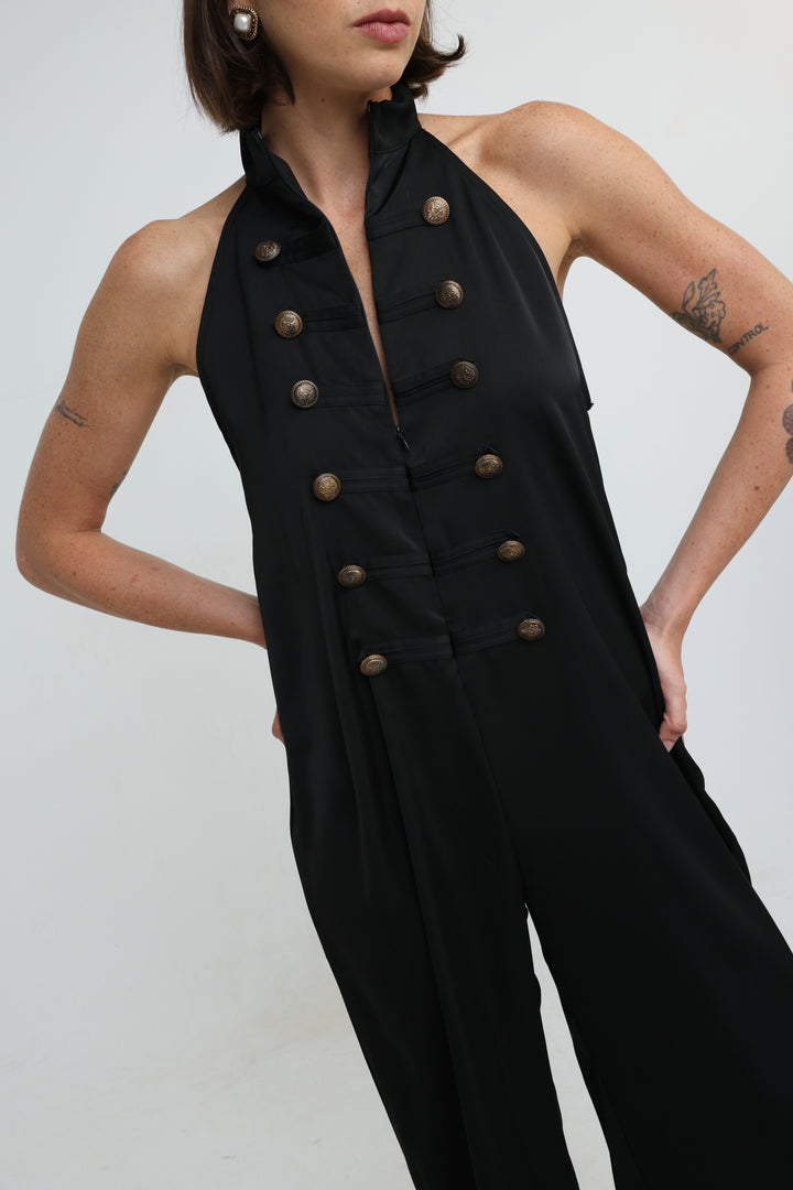 Satin Black Buttoned Halter Jumpsuit