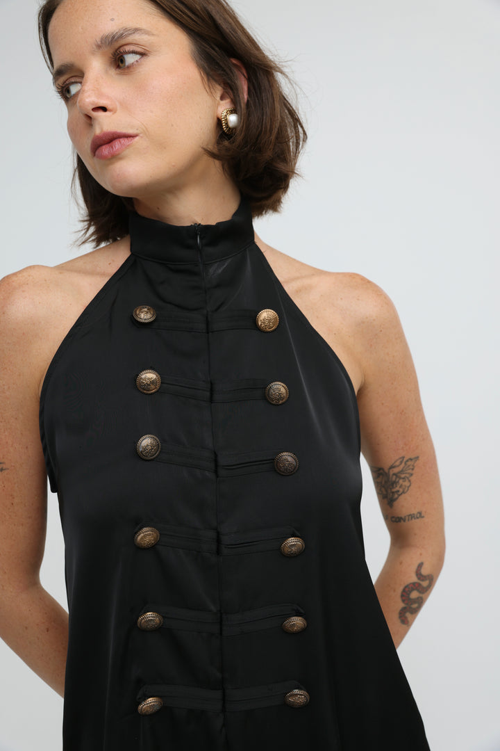 Satin Black Buttoned Halter Jumpsuit