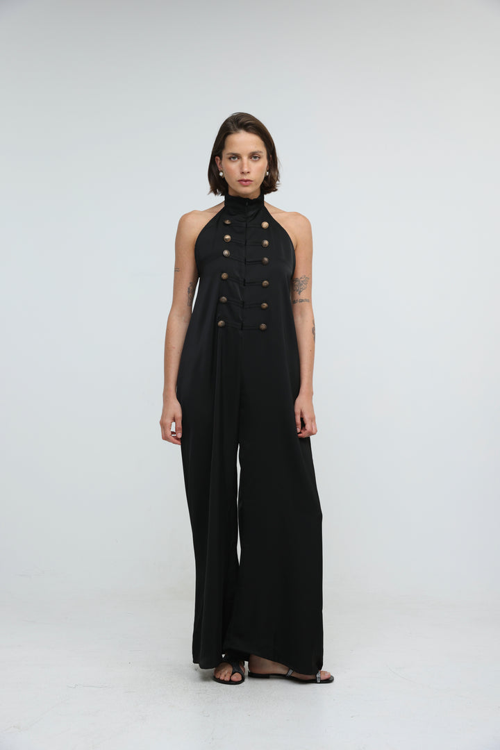 Satin Black Buttoned Halter Jumpsuit