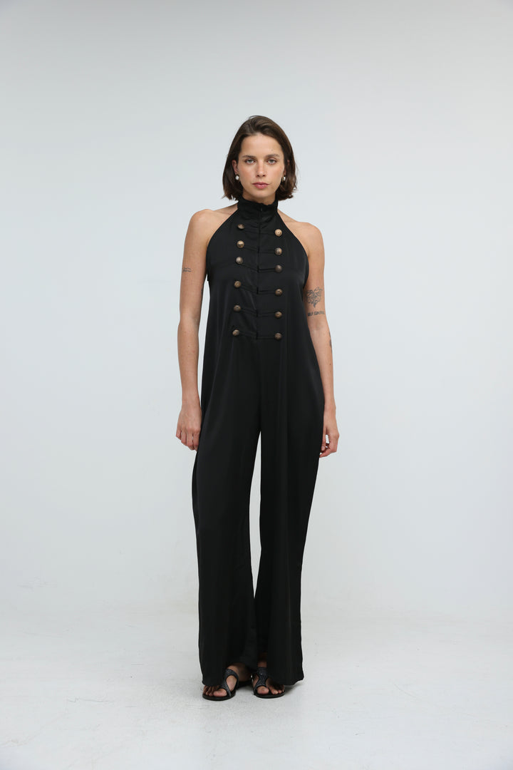 Satin Black Buttoned Halter Jumpsuit