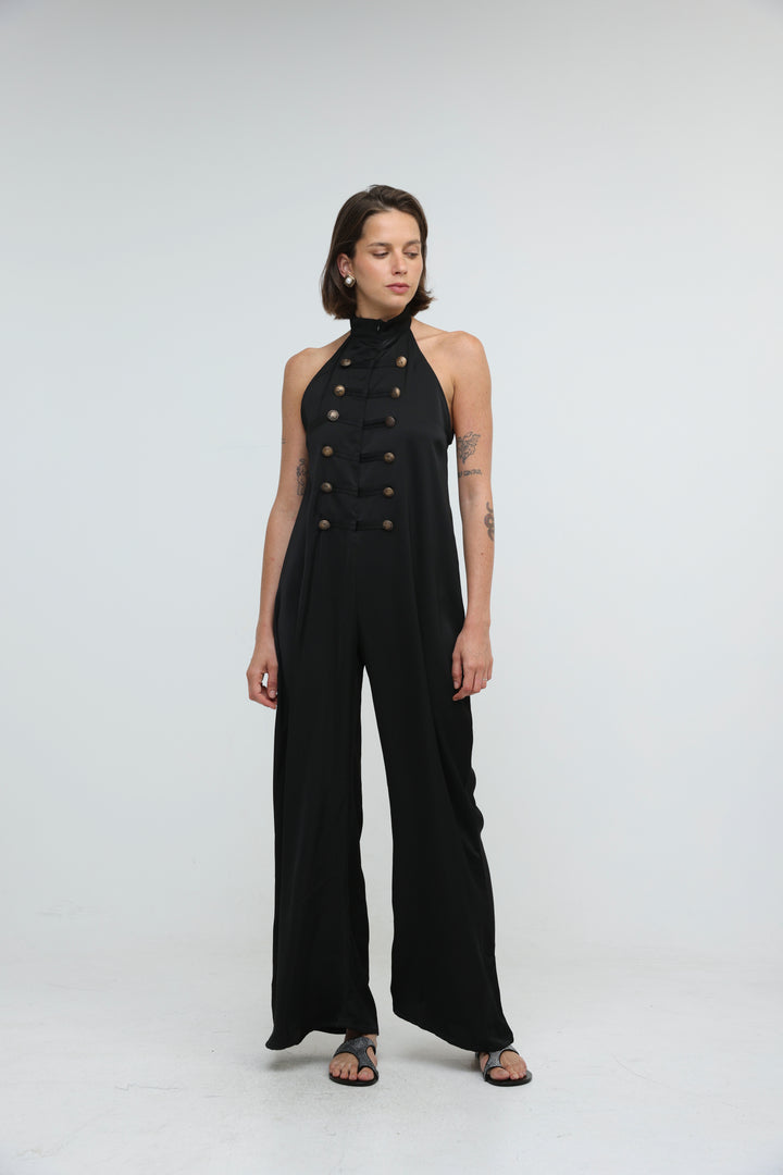 Satin Black Buttoned Halter Jumpsuit