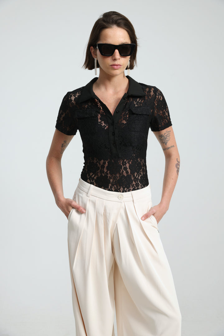 Lace Polo Black Bodysuit