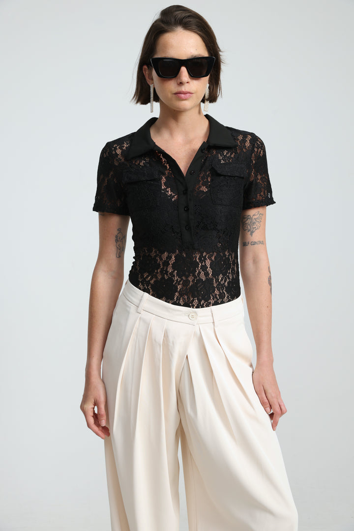 Lace Polo Black Bodysuit