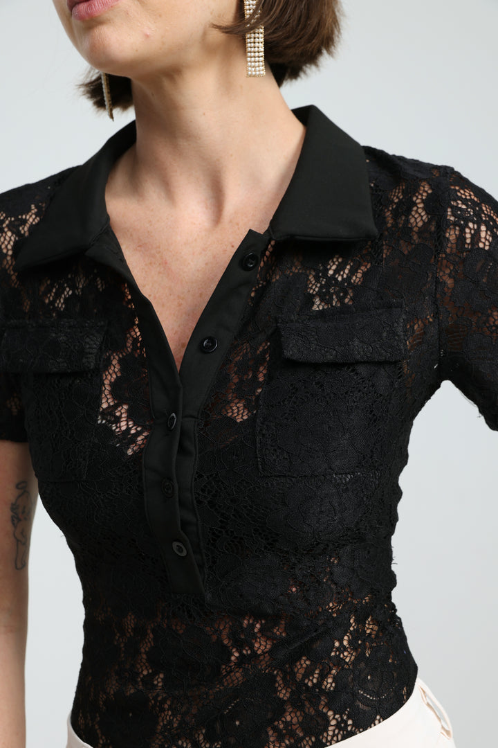 Lace Polo Black Bodysuit